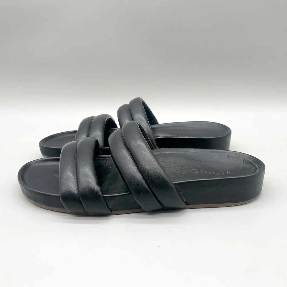 Vionic Womens 10 Mayla Slide Sandals Black Padded Leather Two Strap Orthotic